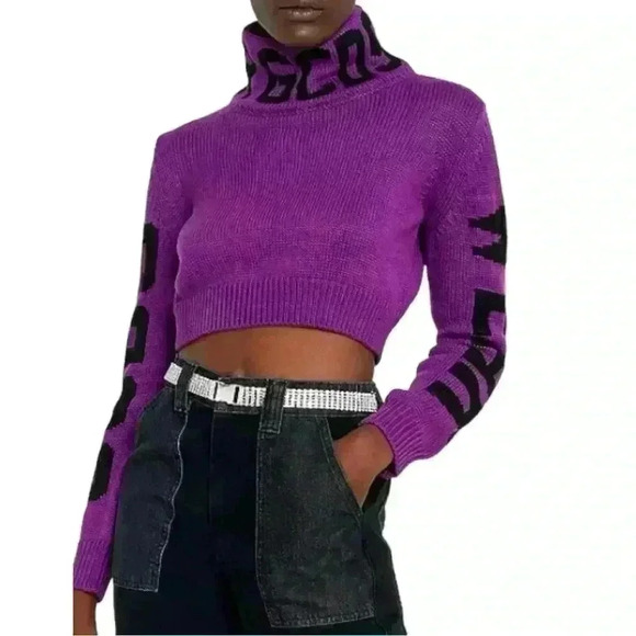 GCDS WEAR Cropped Purple Knit Turtleneck Logo Sweater  Made in Italy Size Small - Picture 1 of 9